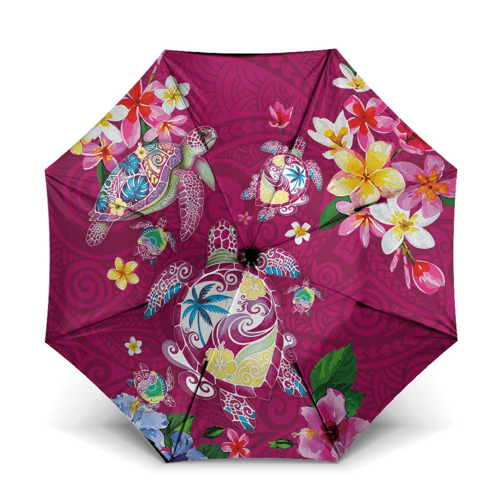 Hawaiian Turtles and Tropical Plants Umbrella Pink Watercolor LT03 One Size Folded 11.42 inch Opened Diameter 37.4 inch Pink - Polynesian Pride