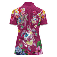 Hawaiian Turtles and Tropical Plants Women Polo Shirt Pink Watercolor LT03 - Polynesian Pride