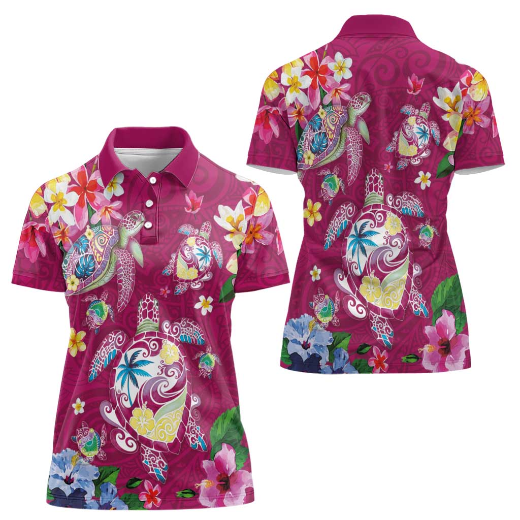 Hawaiian Turtles and Tropical Plants Women Polo Shirt Pink Watercolor LT03 - Polynesian Pride