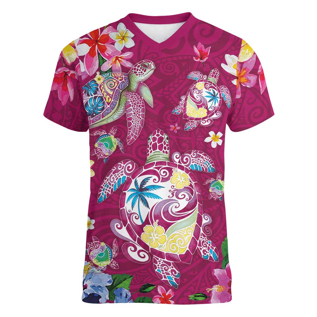 Hawaiian Turtles and Tropical Plants Women V-Neck T-Shirt Pink Watercolor LT03 Female Pink - Polynesian Pride