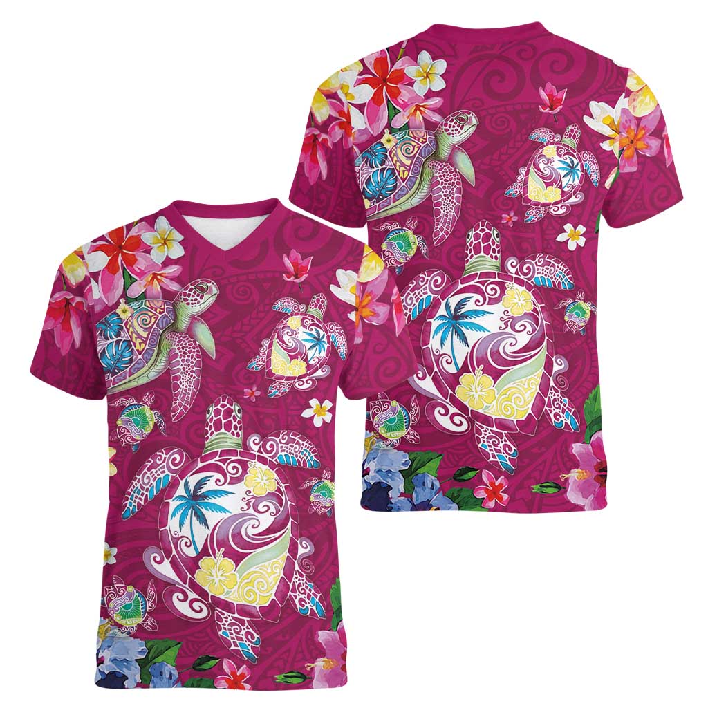 Hawaiian Turtles and Tropical Plants Women V-Neck T-Shirt Pink Watercolor
