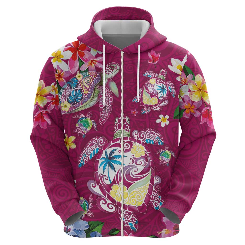 Hawaiian Turtles and Tropical Plants Zip Hoodie Pink Watercolor LT03 - Polynesian Pride