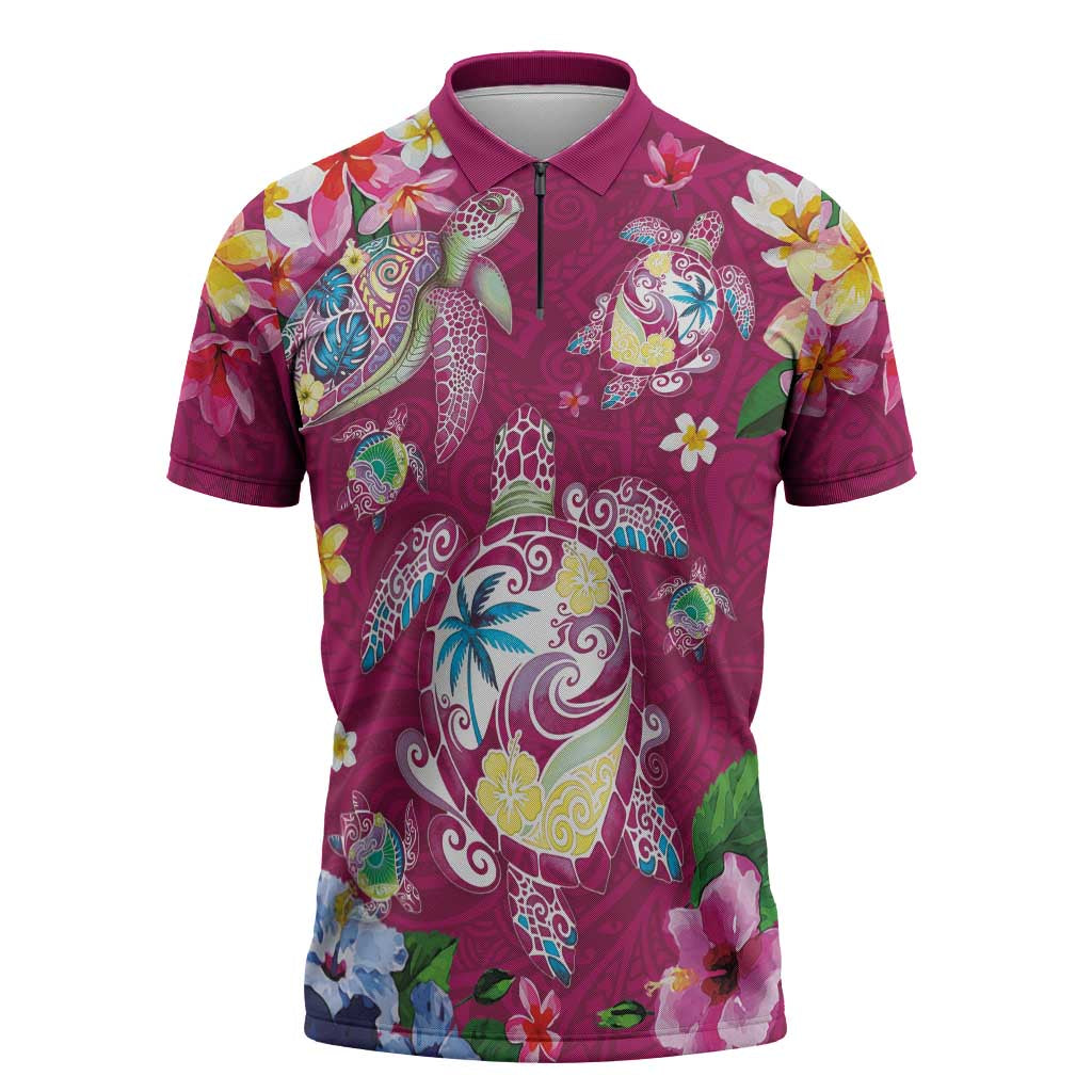 Hawaiian Turtles and Tropical Plants Zipper Polo Shirt Pink Watercolor LT03 Pink - Polynesian Pride