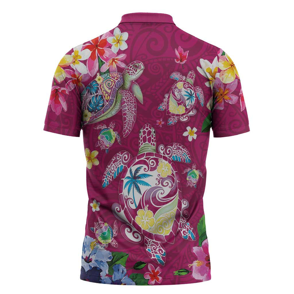 Hawaiian Turtles and Tropical Plants Zipper Polo Shirt Pink Watercolor LT03 - Polynesian Pride