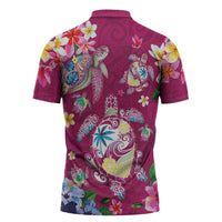 Hawaiian Turtles and Tropical Plants Zipper Polo Shirt Pink Watercolor LT03 - Polynesian Pride