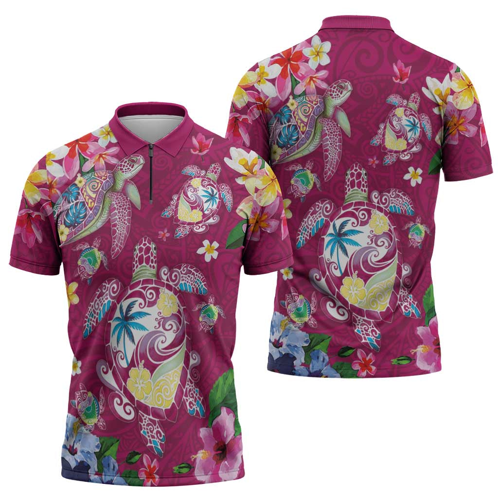 Hawaiian Turtles and Tropical Plants Zipper Polo Shirt Pink Watercolor LT03 - Polynesian Pride