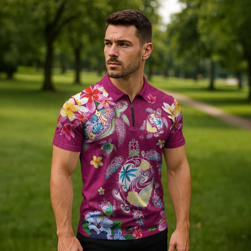 Hawaiian Turtles and Tropical Plants Zipper Polo Shirt Pink Watercolor LT03 - Polynesian Pride