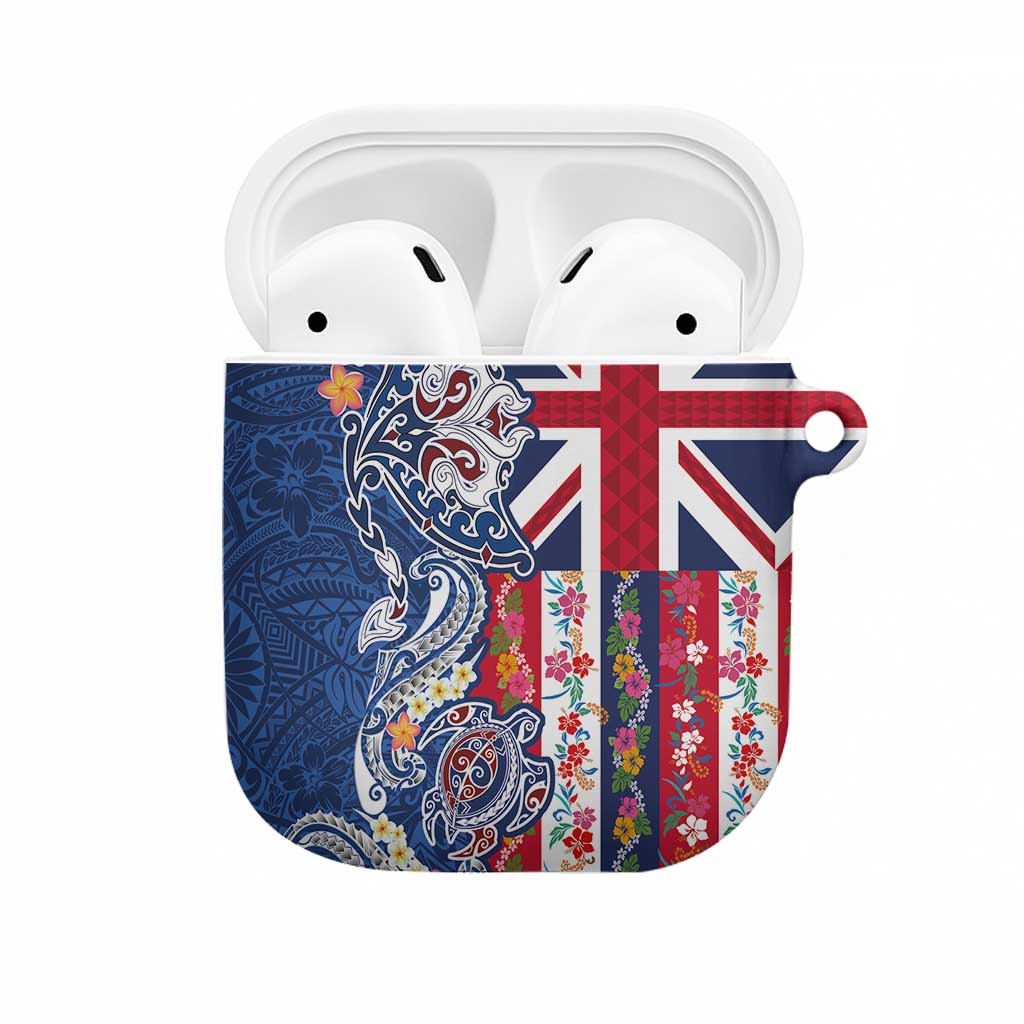 Hawaiian Manta Ray and Turtle Tribal Tattoo AirPods Case With Hawaii Flag and Flowers