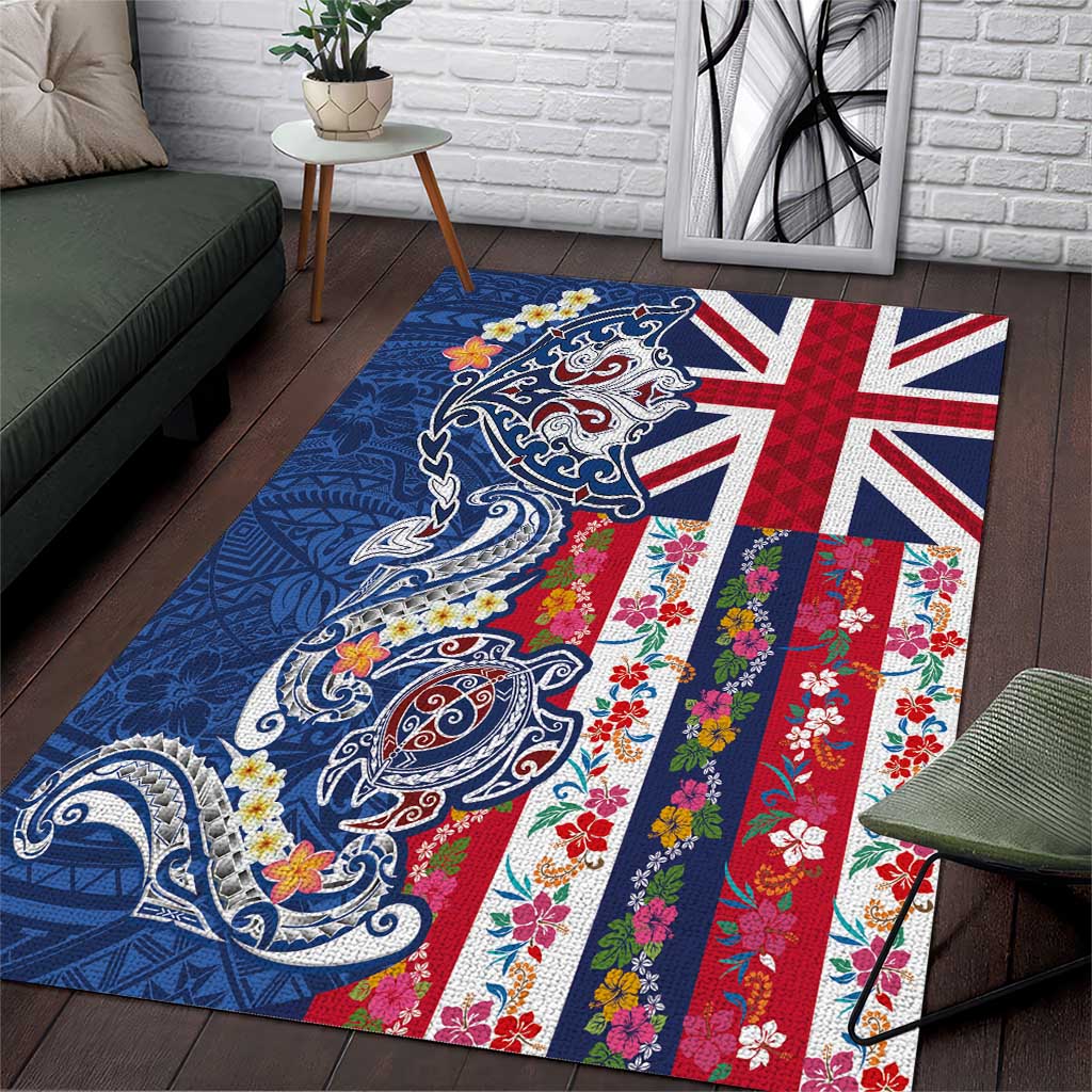 Hawaiian Manta Ray and Turtle Tribal Tattoo Area Rug With Hawaii Flag and Flowers