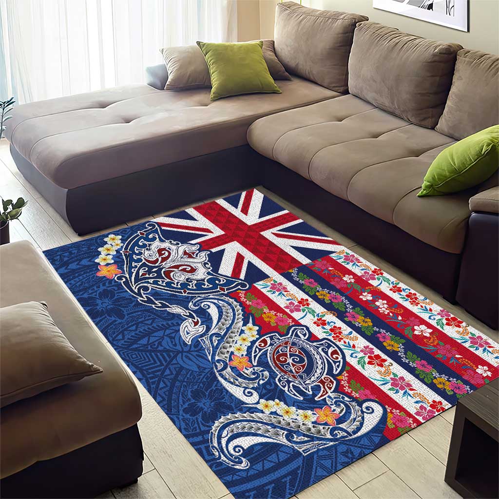 Hawaiian Manta Ray and Turtle Tribal Tattoo Area Rug With Hawaii Flag and Flowers