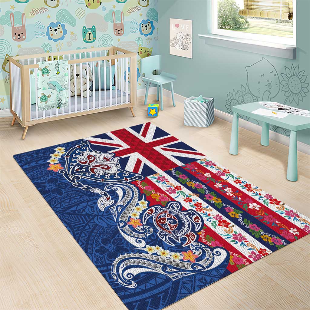 Hawaiian Manta Ray and Turtle Tribal Tattoo Area Rug With Hawaii Flag and Flowers
