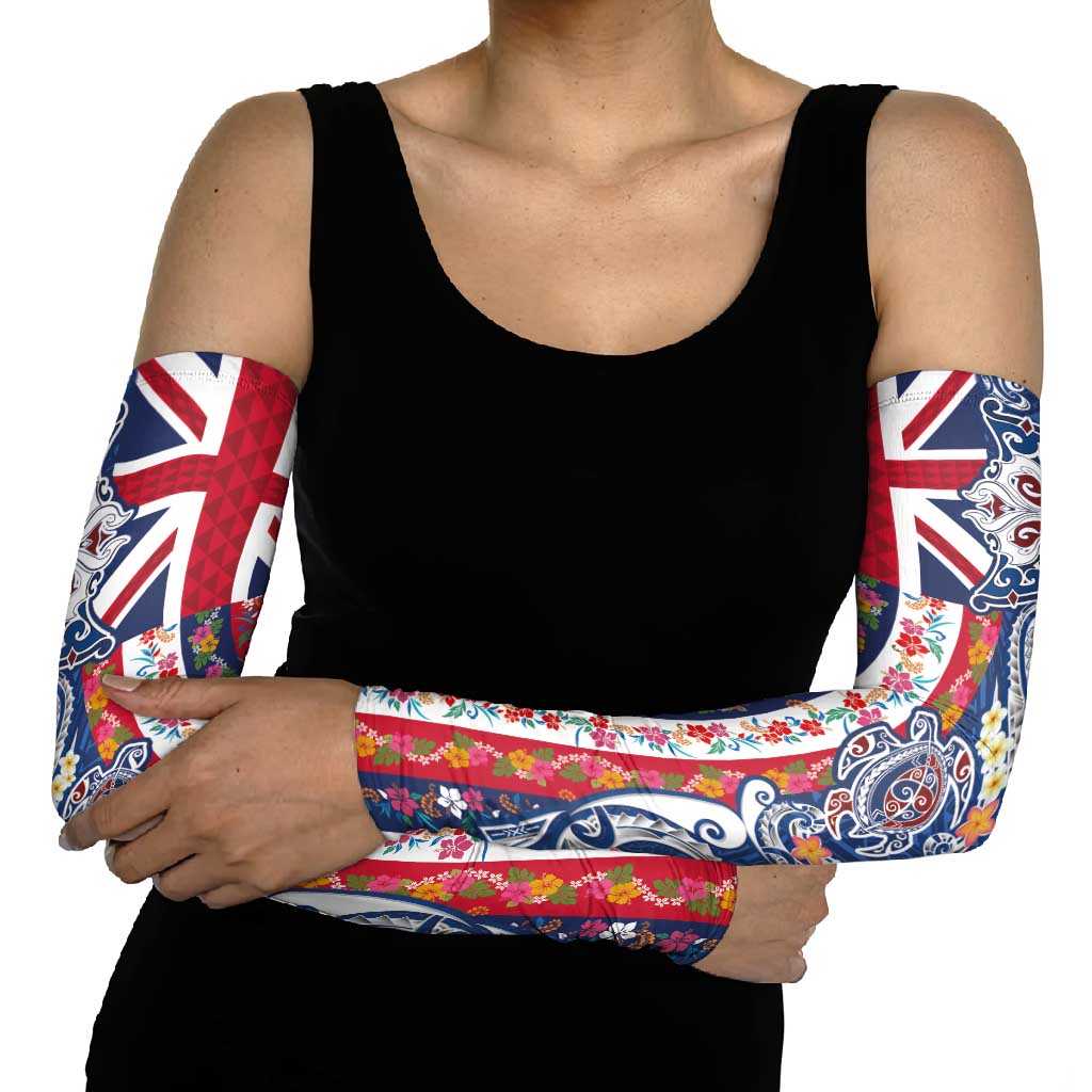 Hawaiian Manta Ray and Turtle Tribal Tattoo Arm Sleeves With Hawaii Flag and Flowers LT03 - Polynesian Pride