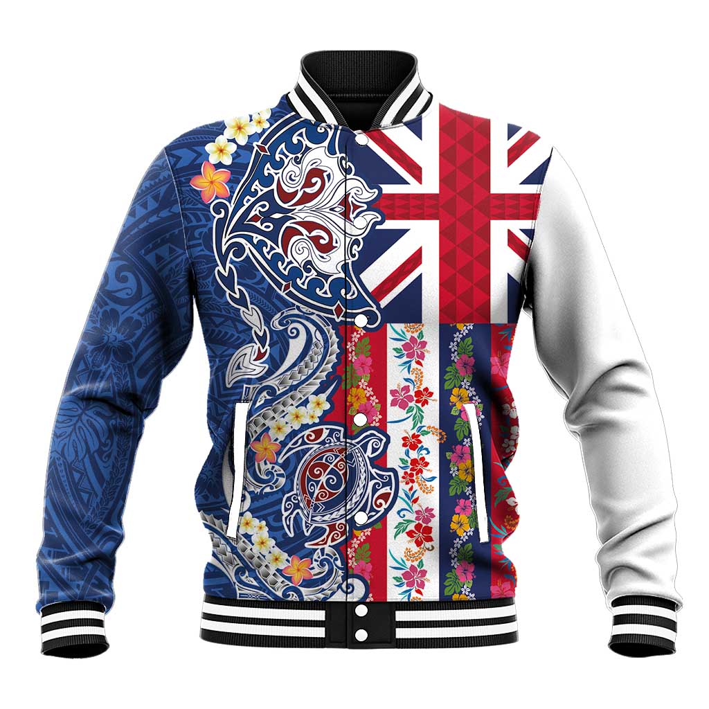Hawaiian Manta Ray and Turtle Tribal Tattoo Baseball Jacket With Hawaii Flag and Flowers LT03 Unisex Multicolor - Polynesian Pride