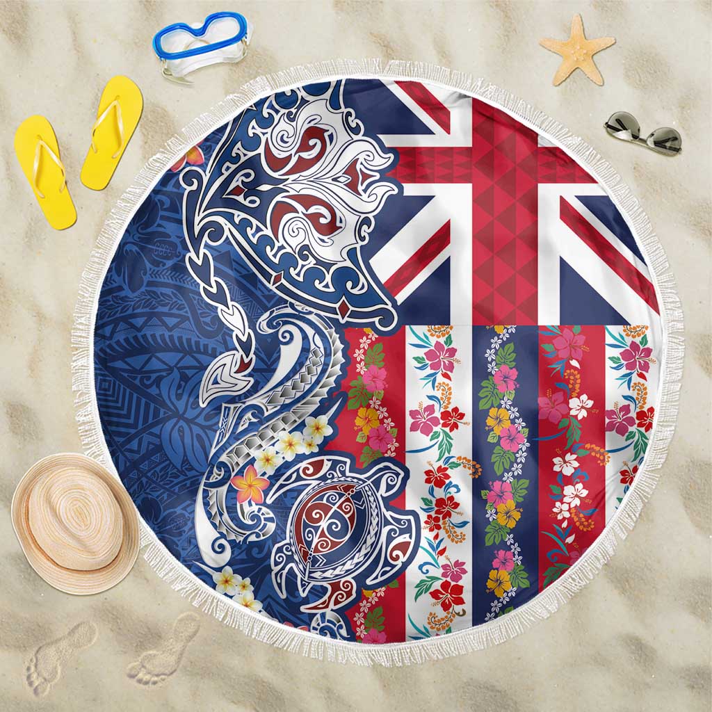Hawaiian Manta Ray and Turtle Tribal Tattoo Beach Blanket With Hawaii Flag and Flowers LT03 One Size 150cm Multicolor - Polynesian Pride