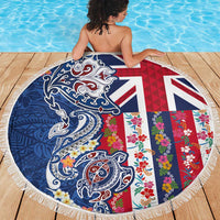 Hawaiian Manta Ray and Turtle Tribal Tattoo Beach Blanket With Hawaii Flag and Flowers LT03 - Polynesian Pride