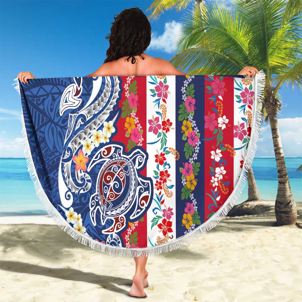 Hawaiian Manta Ray and Turtle Tribal Tattoo Beach Blanket With Hawaii Flag and Flowers LT03 - Polynesian Pride