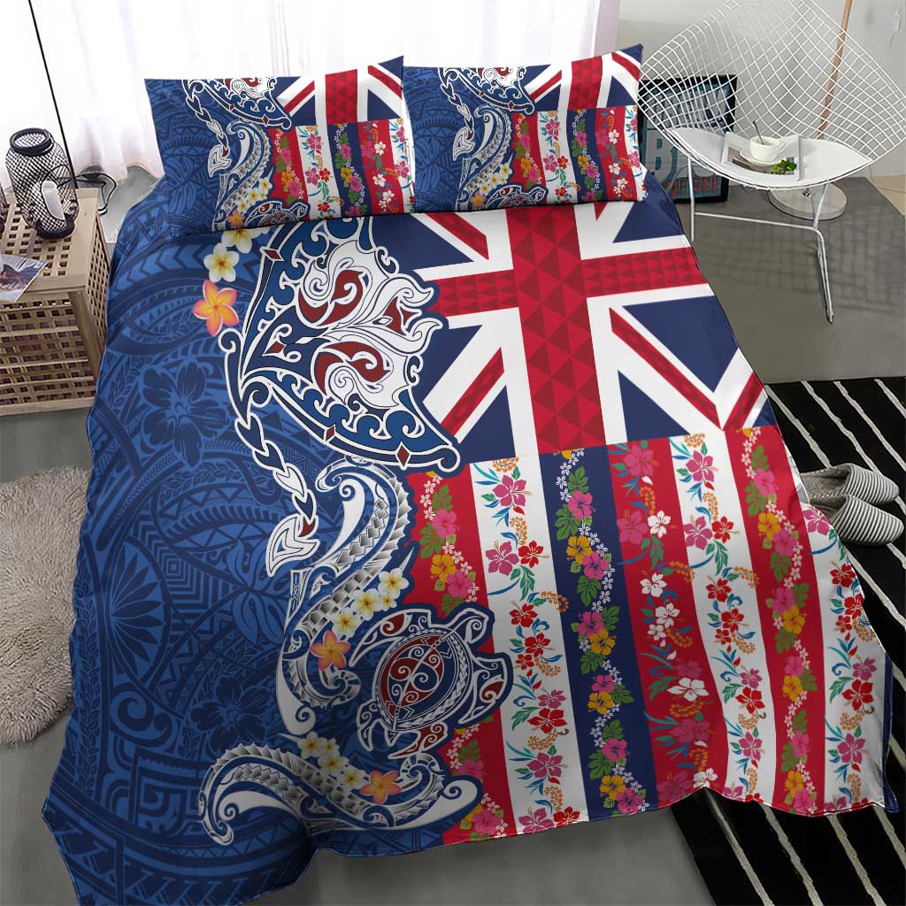 Hawaiian Manta Ray and Turtle Tribal Tattoo Bedding Set With Hawaii Flag and Flowers