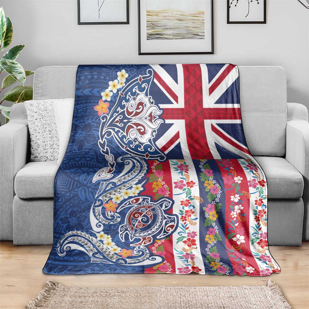 Hawaiian Manta Ray and Turtle Tribal Tattoo Blanket With Hawaii Flag and Flowers LT03 - Polynesian Pride