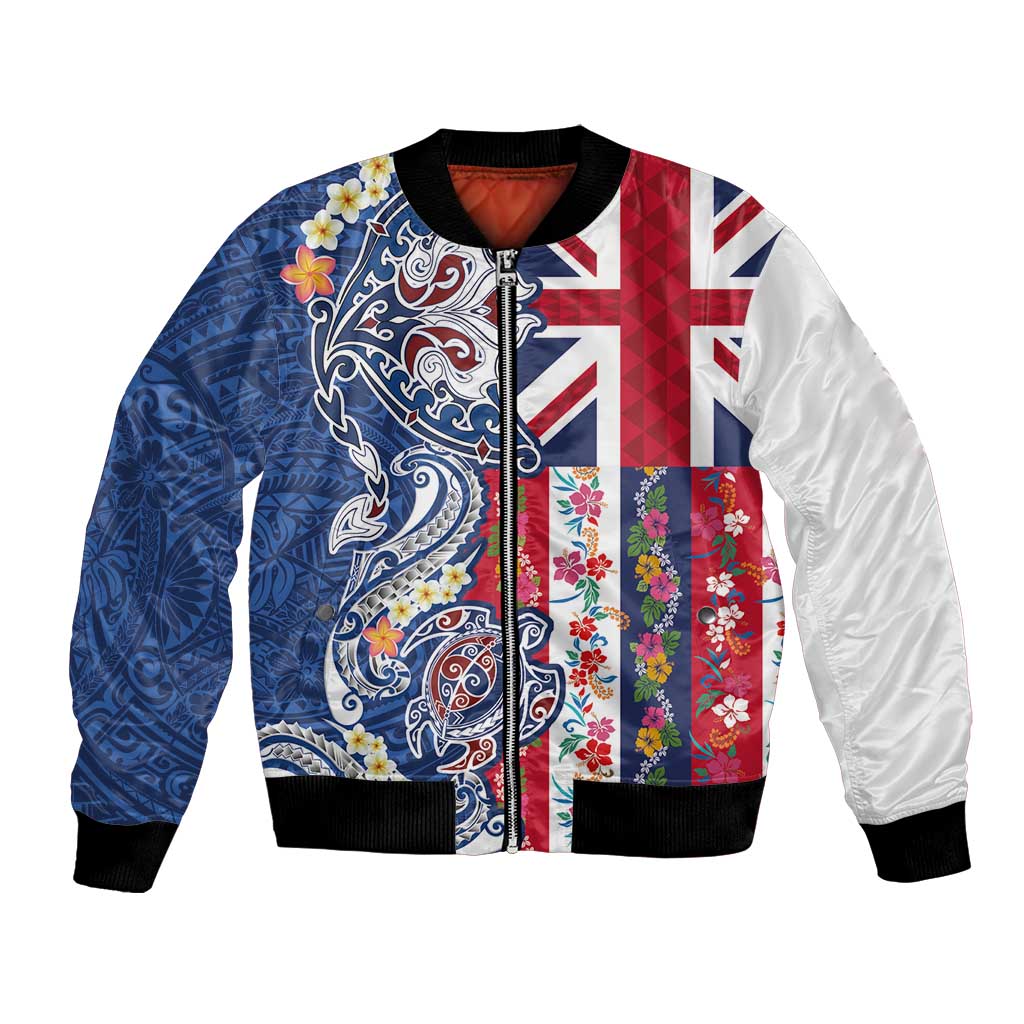 Hawaiian Manta Ray and Turtle Tribal Tattoo Bomber Jacket With Hawaii Flag and Flowers LT03 Unisex Multicolor - Polynesian Pride