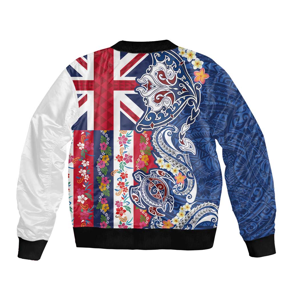 Hawaiian Manta Ray and Turtle Tribal Tattoo Bomber Jacket With Hawaii Flag and Flowers LT03 - Polynesian Pride