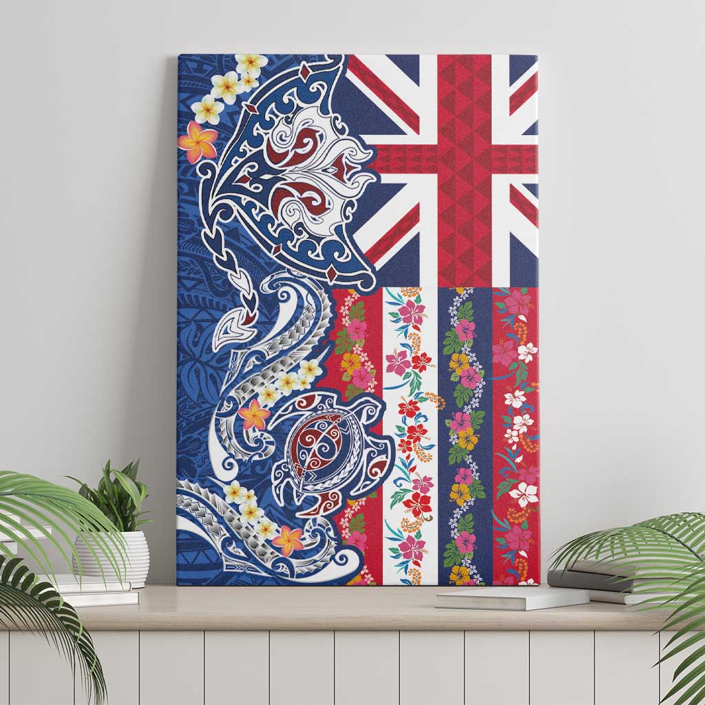 Hawaiian Manta Ray and Turtle Tribal Tattoo Canvas Wall Art With Hawaii Flag and Flowers