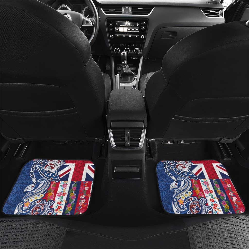 Hawaiian Manta Ray and Turtle Tribal Tattoo Car Mats With Hawaii Flag and Flowers LT03 Set 2pcs - Back Multicolor - Polynesian Pride