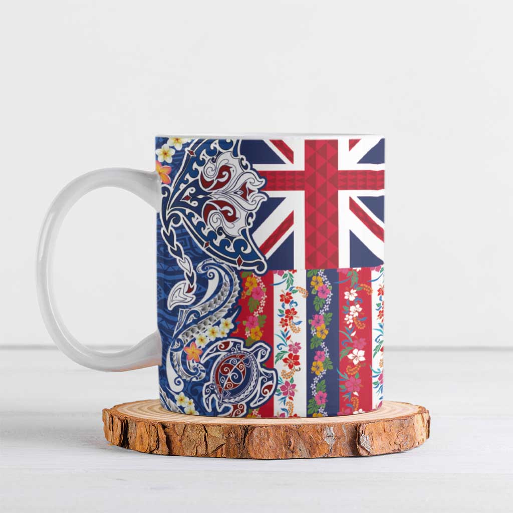 Hawaiian Manta Ray and Turtle Tribal Tattoo Ceramic Mug With Hawaii Flag and Flowers LT03 Multicolor - Polynesian Pride