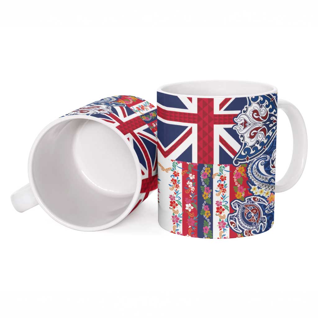 Hawaiian Manta Ray and Turtle Tribal Tattoo Ceramic Mug With Hawaii Flag and Flowers LT03 - Polynesian Pride