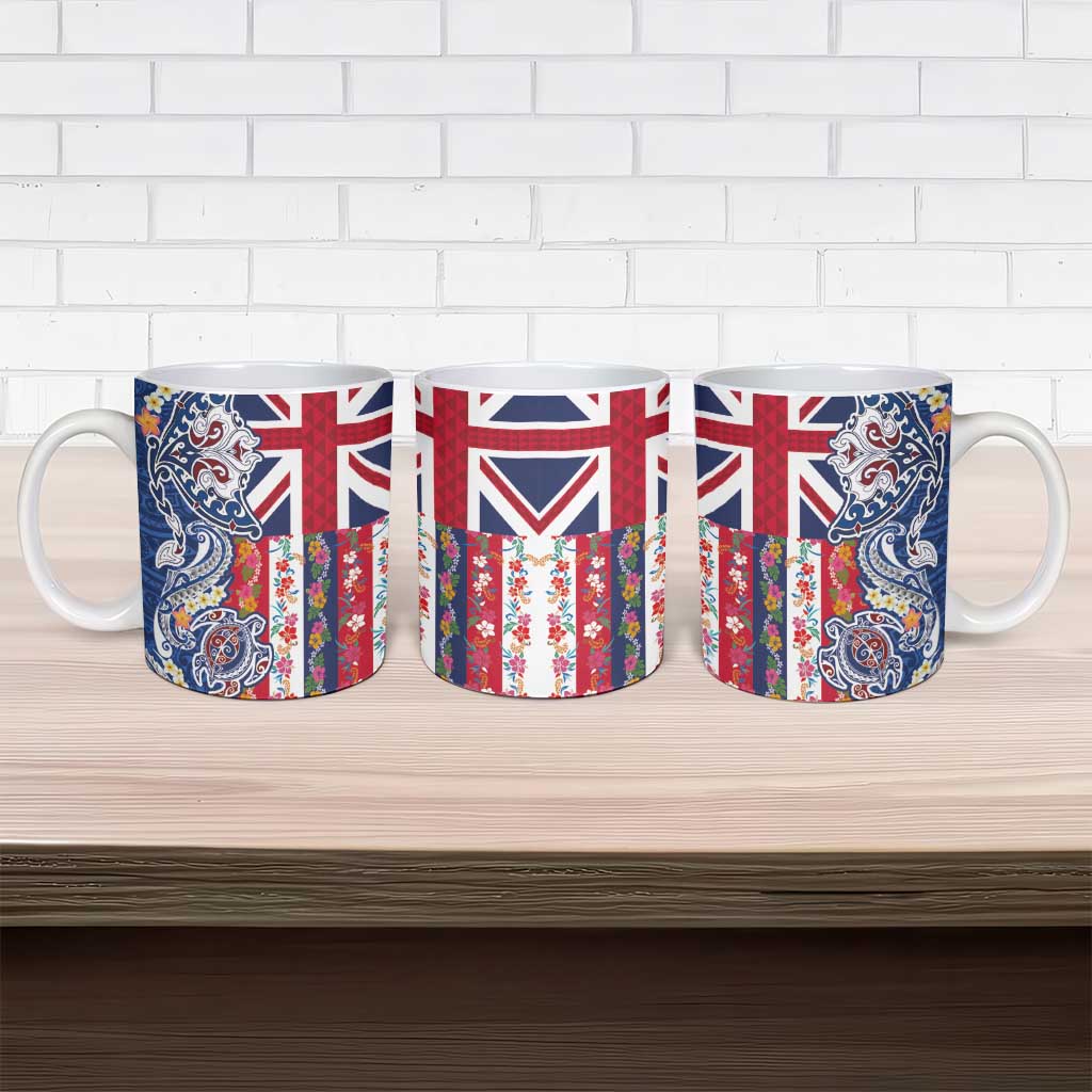 Hawaiian Manta Ray and Turtle Tribal Tattoo Ceramic Mug With Hawaii Flag and Flowers LT03 - Polynesian Pride