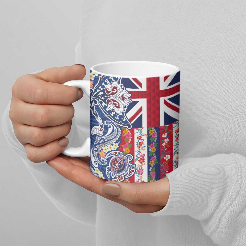 Hawaiian Manta Ray and Turtle Tribal Tattoo Ceramic Mug With Hawaii Flag and Flowers LT03 - Polynesian Pride