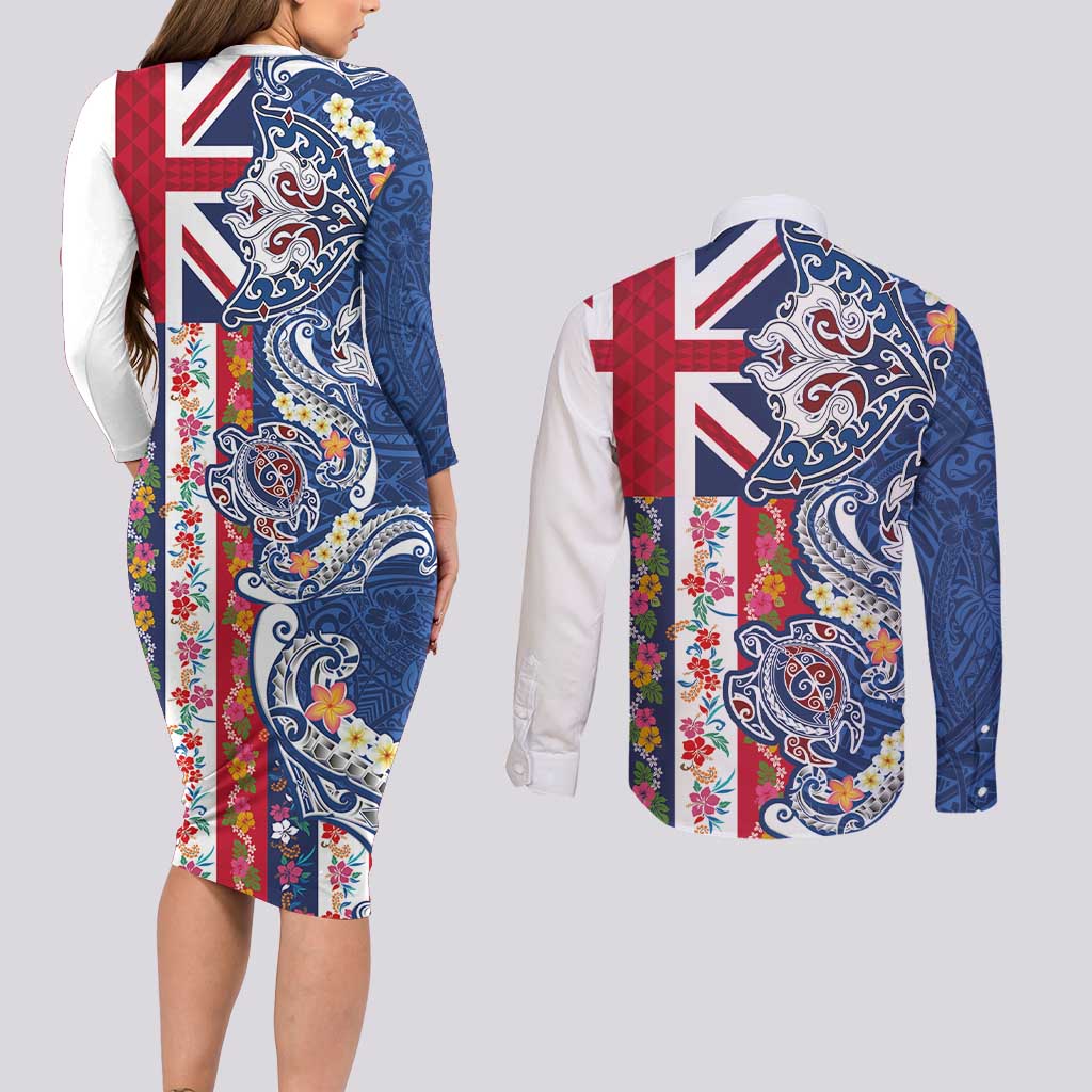 Hawaiian Manta Ray and Turtle Tribal Tattoo Couples Matching Long Sleeve Bodycon Dress and Long Sleeve Button Shirt With Hawaii Flag and Flowers