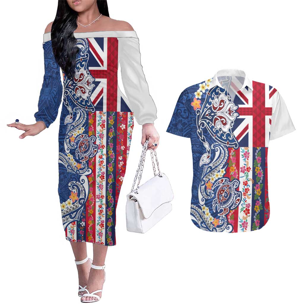 Hawaiian Manta Ray and Turtle Tribal Tattoo Couples Matching Off The Shoulder Long Sleeve Dress and Hawaiian Shirt With Hawaii Flag and Flowers LT03 Multicolor - Polynesian Pride