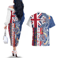 Hawaiian Manta Ray and Turtle Tribal Tattoo Couples Matching Off The Shoulder Long Sleeve Dress and Hawaiian Shirt With Hawaii Flag and Flowers