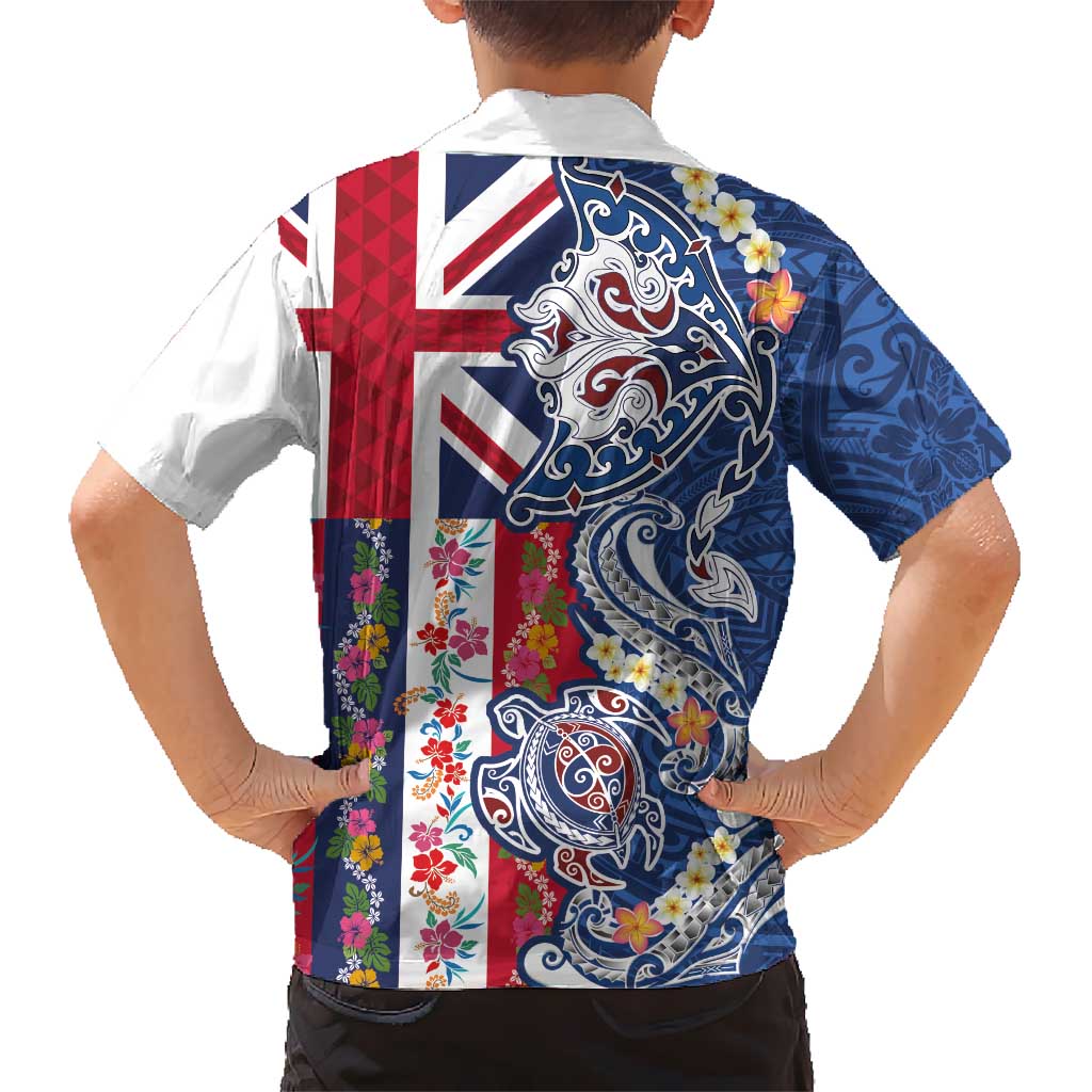 Hawaiian Manta Ray and Turtle Tribal Tattoo Family Matching Long Sleeve Bodycon Dress and Hawaiian Shirt With Hawaii Flag and Flowers