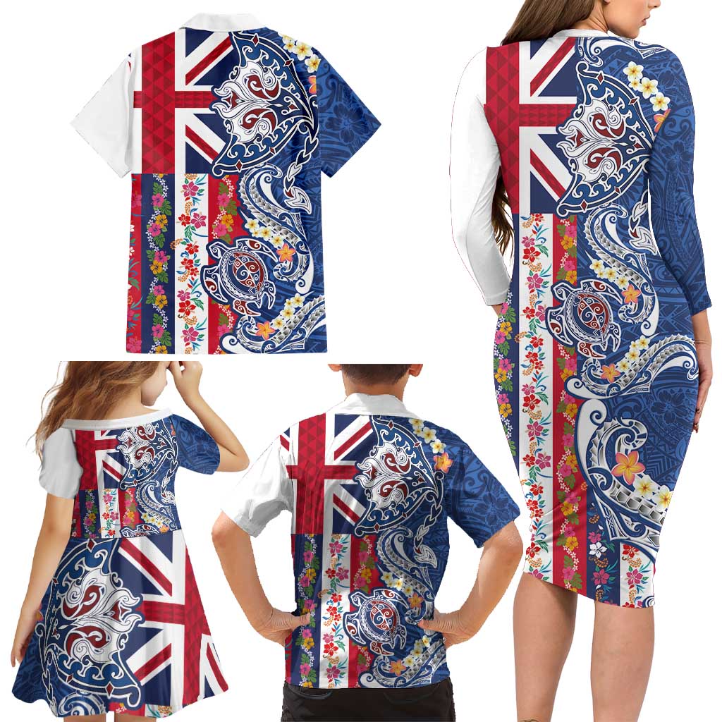 Hawaiian Manta Ray and Turtle Tribal Tattoo Family Matching Long Sleeve Bodycon Dress and Hawaiian Shirt With Hawaii Flag and Flowers