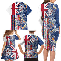 Hawaiian Manta Ray and Turtle Tribal Tattoo Family Matching Long Sleeve Bodycon Dress and Hawaiian Shirt With Hawaii Flag and Flowers