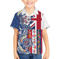 Hawaiian Manta Ray and Turtle Tribal Tattoo Family Matching Long Sleeve Bodycon Dress and Hawaiian Shirt With Hawaii Flag and Flowers