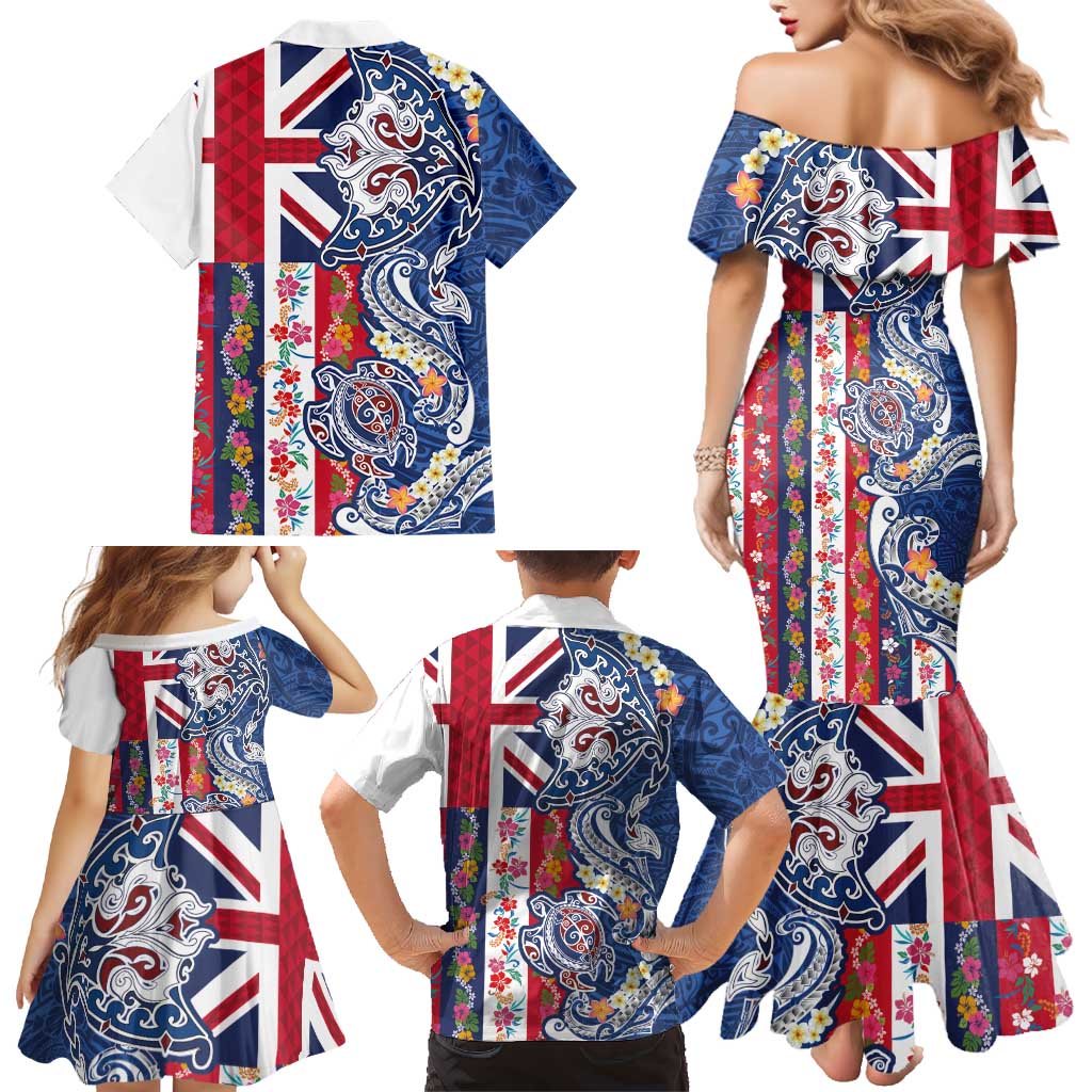 Hawaiian Manta Ray and Turtle Tribal Tattoo Family Matching Mermaid Dress and Hawaiian Shirt With Hawaii Flag and Flowers