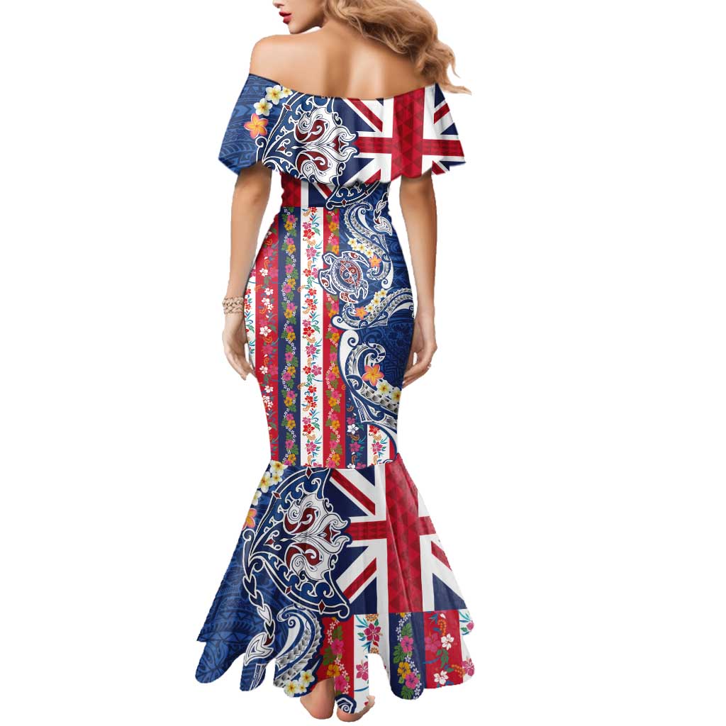 Hawaiian Manta Ray and Turtle Tribal Tattoo Family Matching Mermaid Dress and Hawaiian Shirt With Hawaii Flag and Flowers