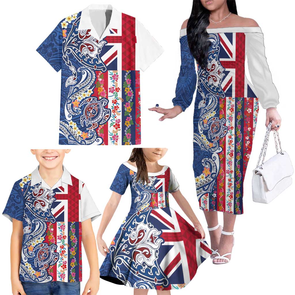 Hawaiian Manta Ray and Turtle Tribal Tattoo Family Matching Off The Shoulder Long Sleeve Dress and Hawaiian Shirt With Hawaii Flag and Flowers