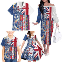 Hawaiian Manta Ray and Turtle Tribal Tattoo Family Matching Off The Shoulder Long Sleeve Dress and Hawaiian Shirt With Hawaii Flag and Flowers