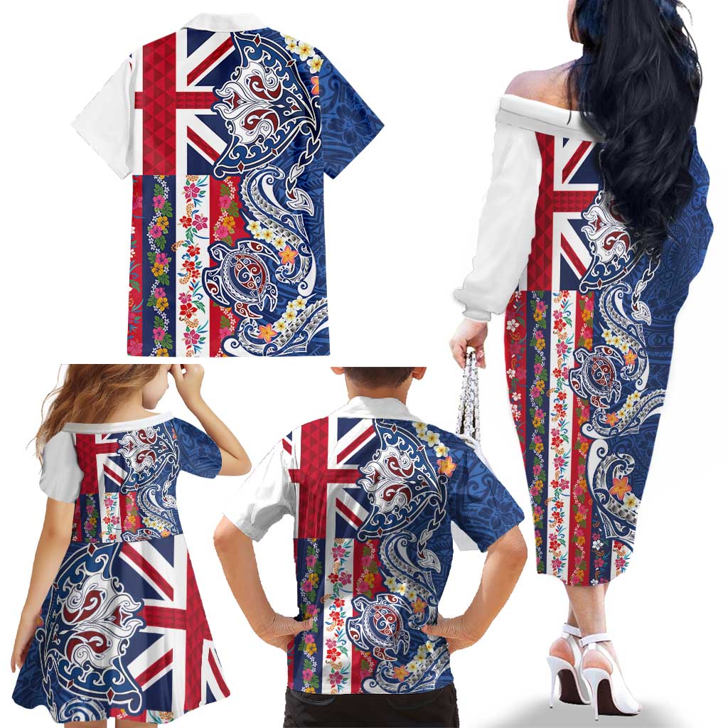 Hawaiian Manta Ray and Turtle Tribal Tattoo Family Matching Off The Shoulder Long Sleeve Dress and Hawaiian Shirt With Hawaii Flag and Flowers