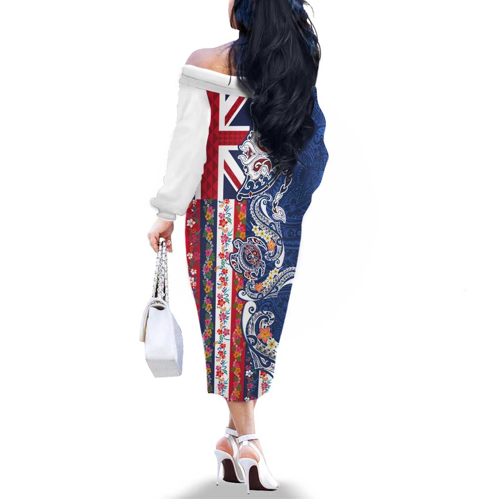 Hawaiian Manta Ray and Turtle Tribal Tattoo Family Matching Off The Shoulder Long Sleeve Dress and Hawaiian Shirt With Hawaii Flag and Flowers