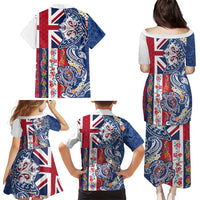 Hawaiian Manta Ray and Turtle Tribal Tattoo Family Matching Puletasi and Hawaiian Shirt With Hawaii Flag and Flowers