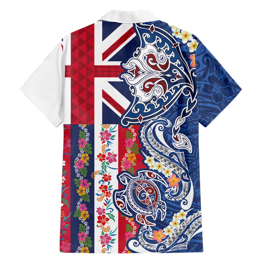 Hawaiian Manta Ray and Turtle Tribal Tattoo Family Matching Puletasi and Hawaiian Shirt With Hawaii Flag and Flowers