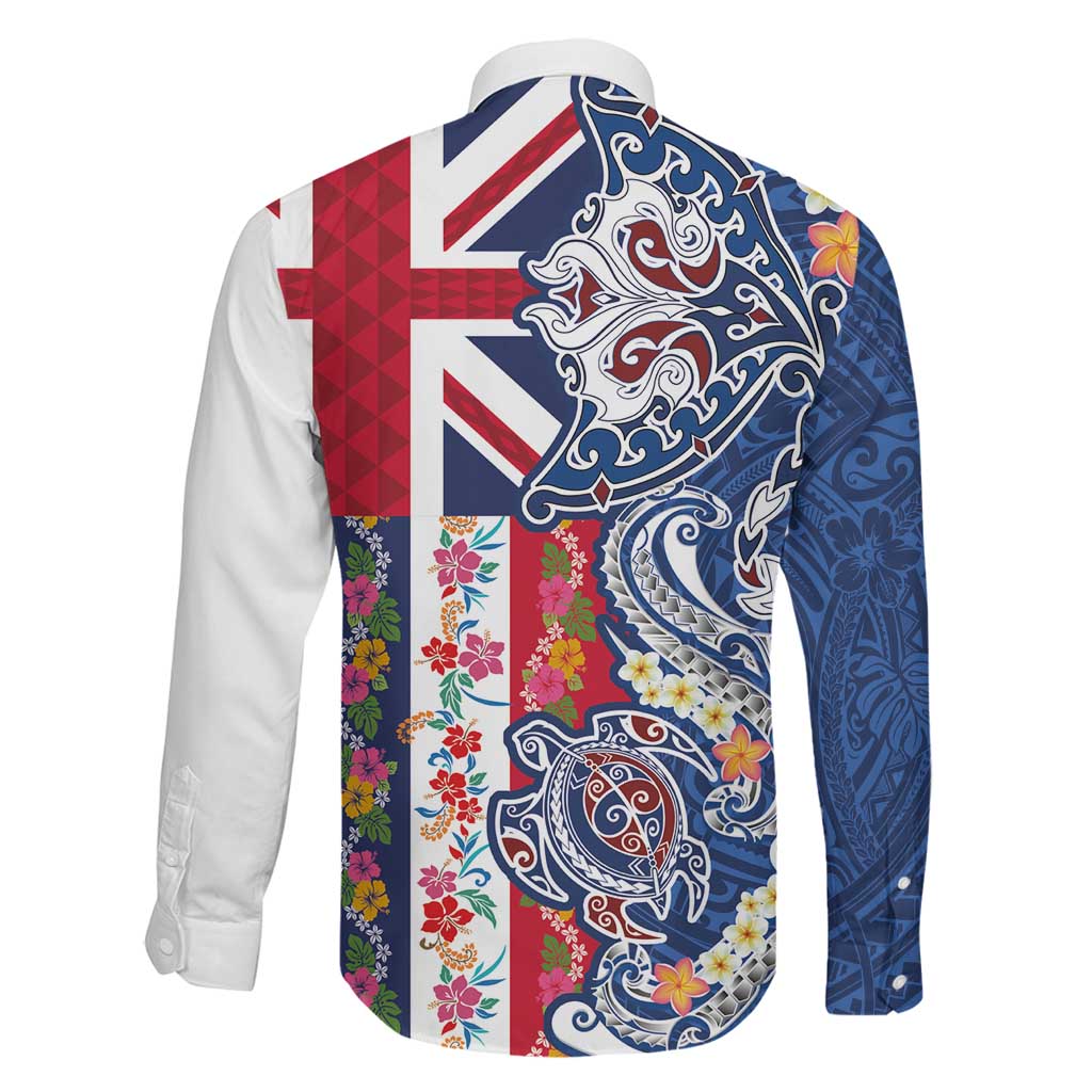 Hawaiian Manta Ray and Turtle Tribal Tattoo Family Matching Puletasi and Hawaiian Shirt With Hawaii Flag and Flowers