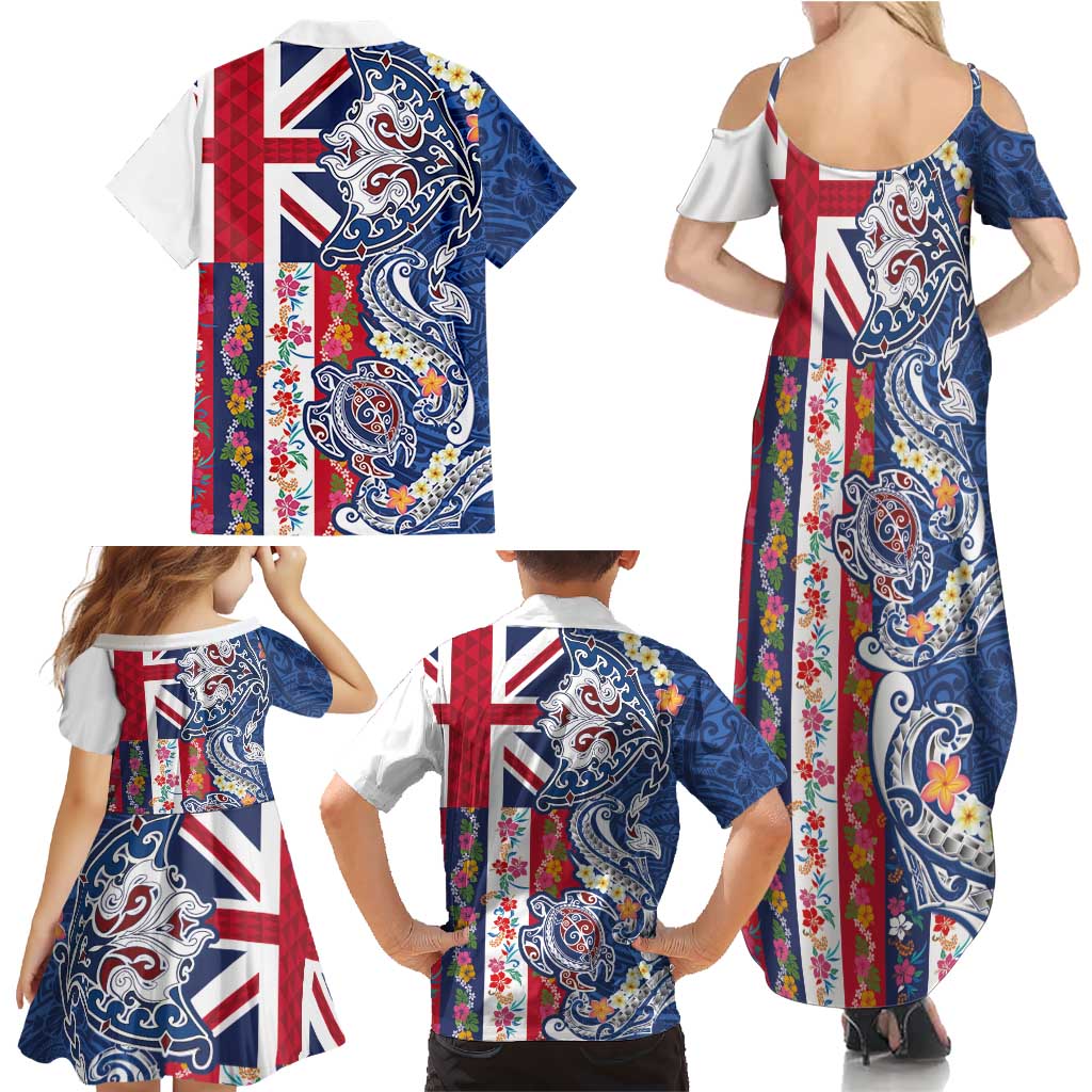 Hawaiian Manta Ray and Turtle Tribal Tattoo Family Matching Summer Maxi Dress and Hawaiian Shirt With Hawaii Flag and Flowers