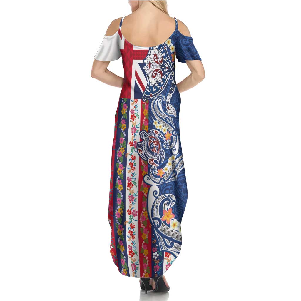 Hawaiian Manta Ray and Turtle Tribal Tattoo Family Matching Summer Maxi Dress and Hawaiian Shirt With Hawaii Flag and Flowers