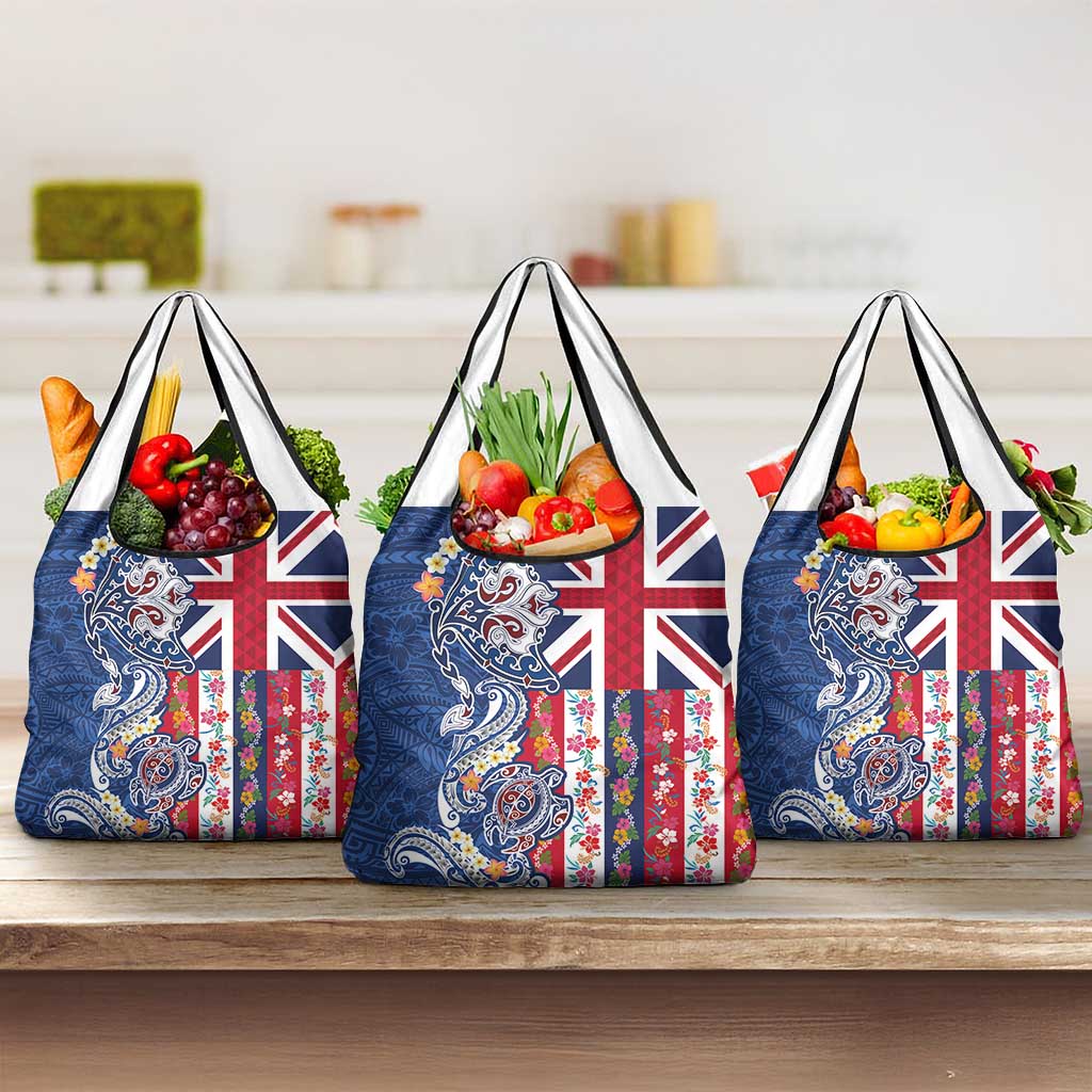 Hawaiian Manta Ray and Turtle Tribal Tattoo Grocery Bag With Hawaii Flag and Flowers LT03 3-pack One Size Multicolor - Polynesian Pride
