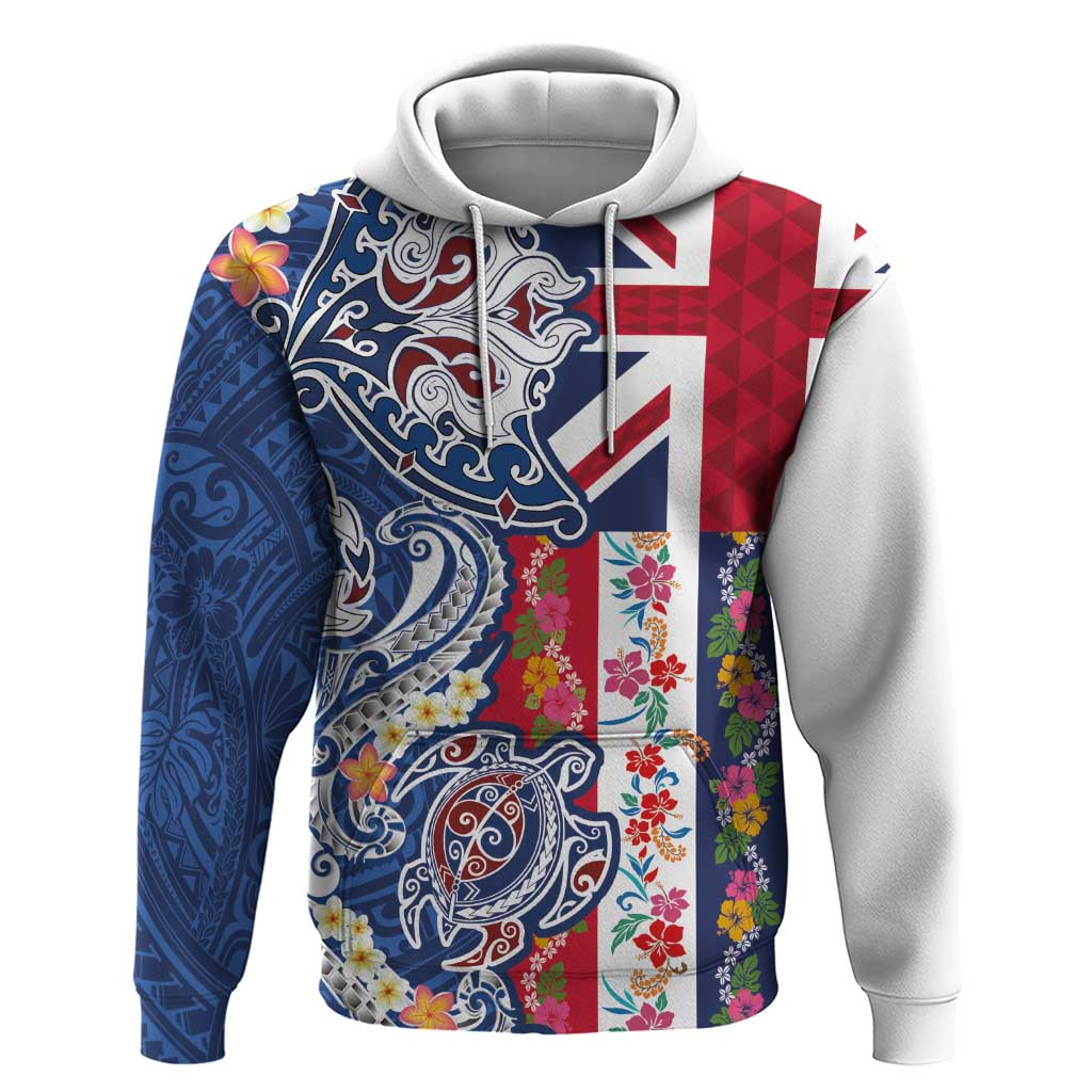 Hawaiian Manta Ray and Turtle Tribal Tattoo Hoodie With Hawaii Flag and Flowers LT03 Pullover Hoodie Multicolor - Polynesian Pride